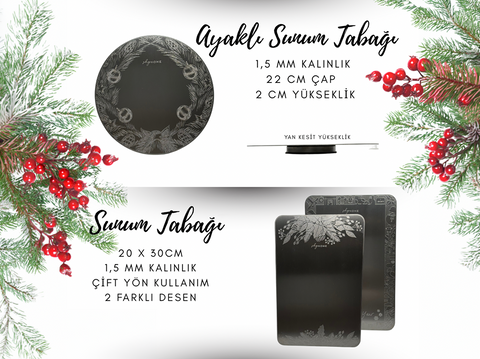 Paslanmaz Çelik Kesme Tahtası + Sunum Tabağı 3'lü Set 23x34 cm, Gıda Temasına Uygun, Dayanıklı