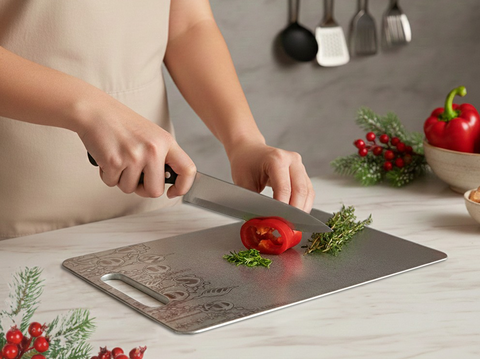 Paslanmaz Çelik Kesme Tahtası + Sunum Tabağı 3'lü Set 23x34 cm, Gıda Temasına Uygun, Dayanıklı