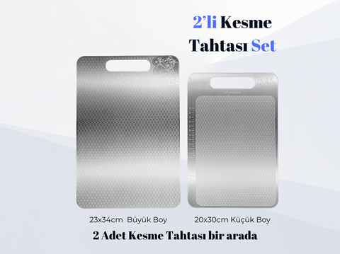 Paslanmaz Çelik Kesme Tahtası 2'li Set 23x34 cm - 20x30 cm, Gıda Temasına Uygun