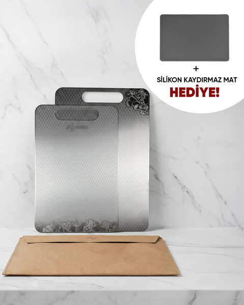 Paslanmaz Çelik Kesme Tahtası 3lü Set 23x34 /20x30 cm + Saklama Kılıfı + Kaydırmaz Mat HEDİYELİ