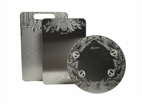 Paslanmaz Çelik Kesme Tahtası + Sunum Tabağı 3'lü Set 23x34 cm, Gıda Temasına Uygun, Dayanıklı