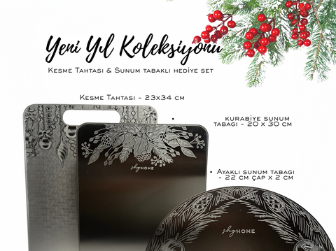 Paslanmaz Çelik Kesme Tahtası + Sunum Tabağı 3'lü Set 23x34 cm, Gıda Temasına Uygun, Dayanıklı