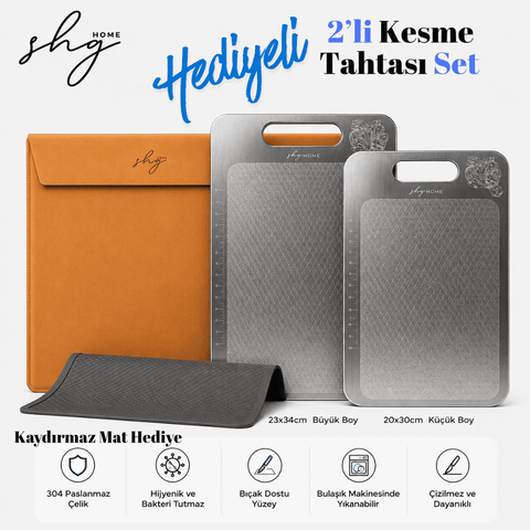 Paslanmaz Çelik Kesme Tahtası 3lü Set 23x34 /20x30 cm + Saklama Kılıfı + Kaydırmaz Mat HEDİYELİ